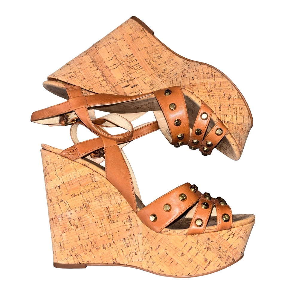 Michael Michael Kors Brown Leather Studded Cork Platform Wedge Sandals Size 9.5M